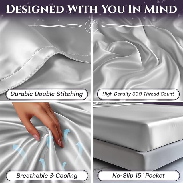 Detalle 2 de SLEEP SANCTUARY Satin Sheets Queen Size (4-Piece) – Cooling, Wrinkle-Free, Moisture-Wicking Bed Set in White