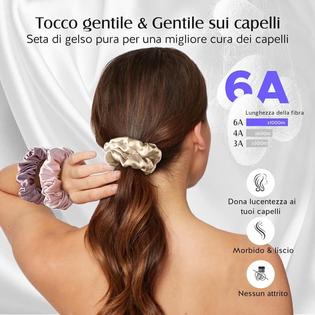 Detalle de Set di 3 scrunchies in seta Umisleep (100% gelso) rosa + champagne + viola prugna