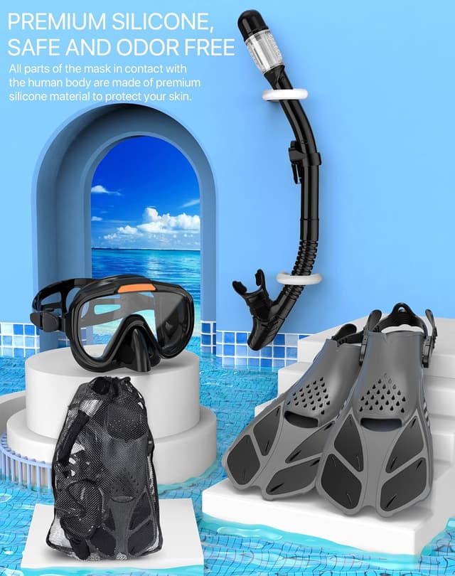 Detalle de Ubekezele 4-in-1 Snorkeling Gear Set for Adults (Panoramic Mask, Dry-Top Snorkel, Adjustable Fins & Travel Bag)