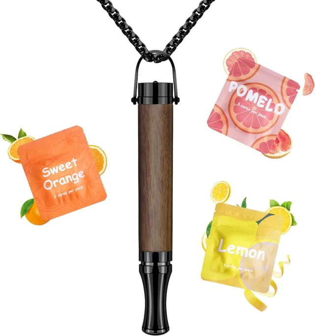 Detalle de CARITATE Rauchfrei Halskette zur Rauchentwöhnung mit einstellbarem Widerstand und Fruchtmischung (schwarzes Holz)