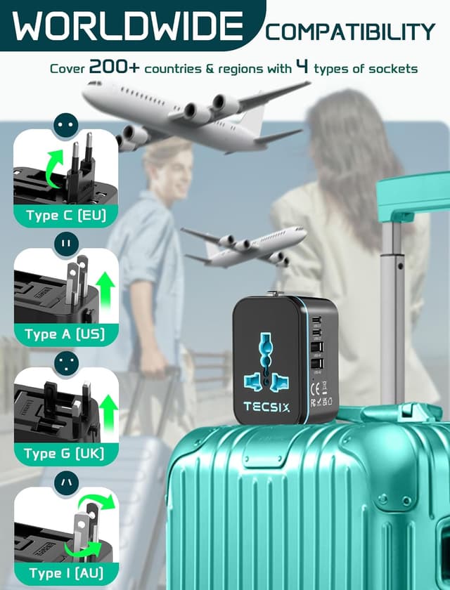 Detalle de TECSIX Weltweiter Universal-Reiseadapter mit 2 USB‑C, 2 USB‑A und AC-Steckdose (für EU/USA & mehr)