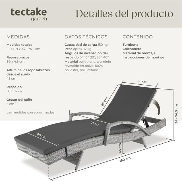 Detalle de tectake® Tumbona de jardín con respaldo 5 posiciones