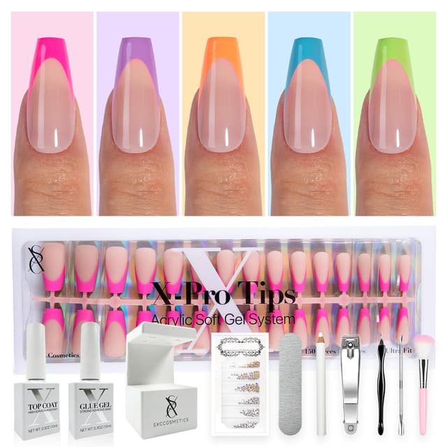 Detalle de SXC Cosmetics X-Pro Tips French Tip Press On Nails (Bright Pastel Glow in the Dark) — Coffin GLOW120KIT-M