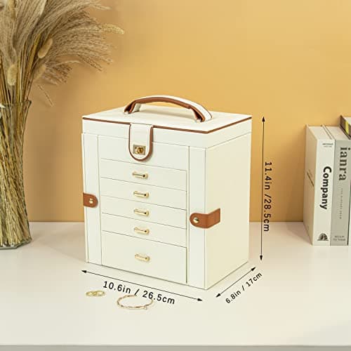 Detalle 2 de KAMIER joyero para mujer grande con espejo, 6 niveles y 5 cajones (blanco y marrón)