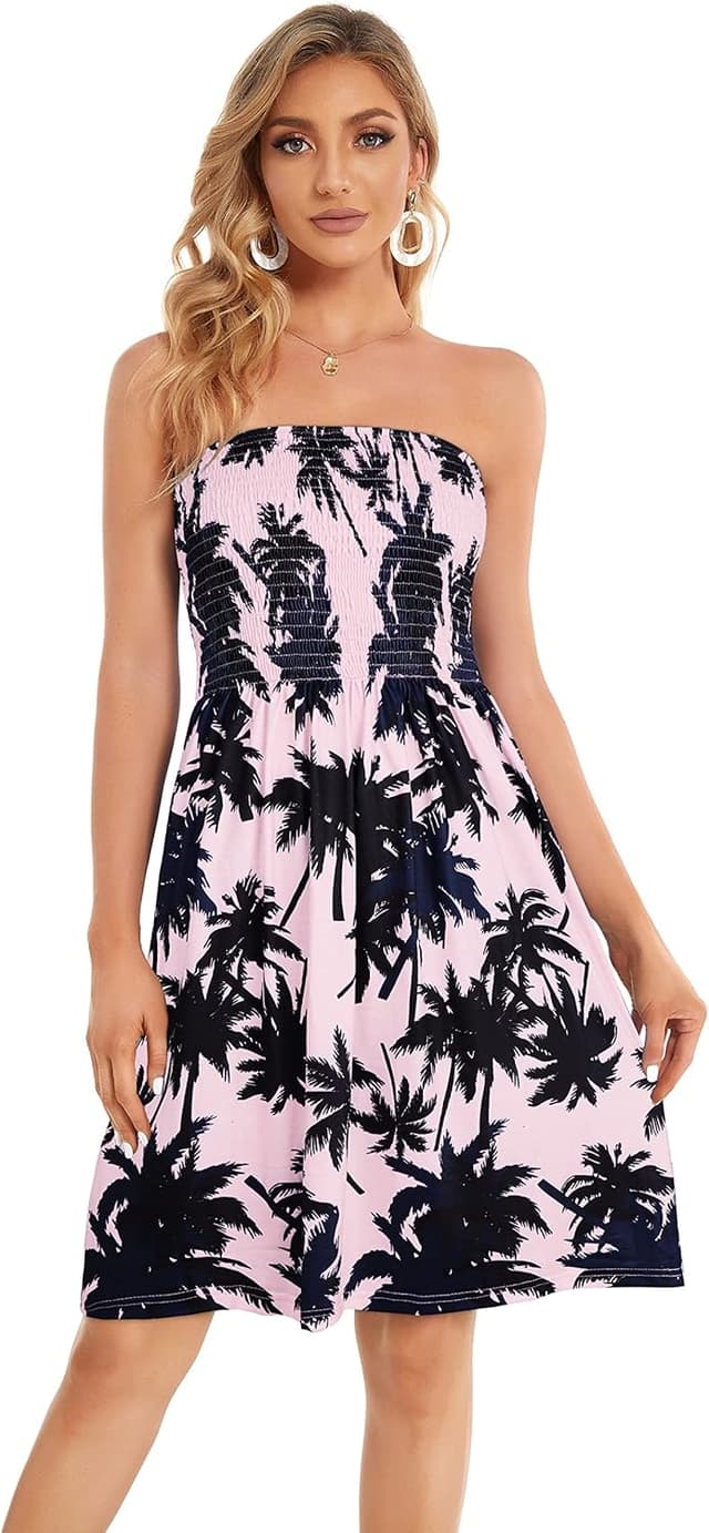 Detalle de Gosunny Damen Sommerkleid schulterfrei (Bandeau/Ärmellos) mit floralem Boho-Print – Strand- & Freizeitkleid