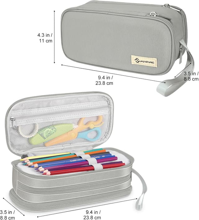 Detalle de FINPAC Trousse à crayons grande capacité gris, 3 compartiments (23,9 x 10,9 x 8,9 cm)