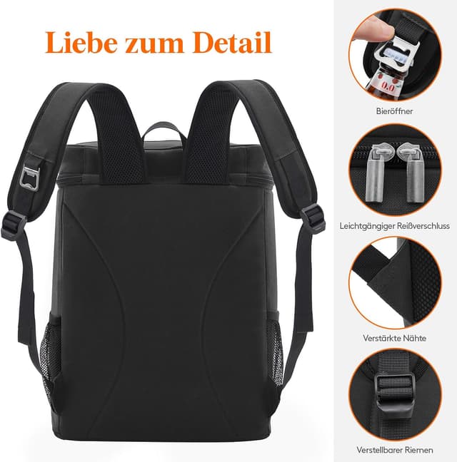 Detalle 2 de Lifewit 22L Kühlrucksack für 30 Dosen (30,5 x 17,8 x 40,5 cm) – auslaufsicher, isoliert, wasserdicht, schwarz