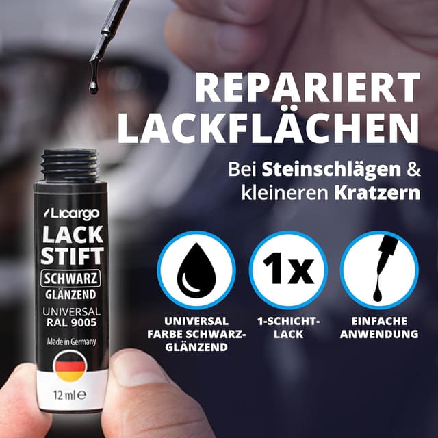 Detalle de LICARGO Lackstift Schwarz Glänzend 12 ml – Deckkraft für Steinschläge & Kratzer im Lack