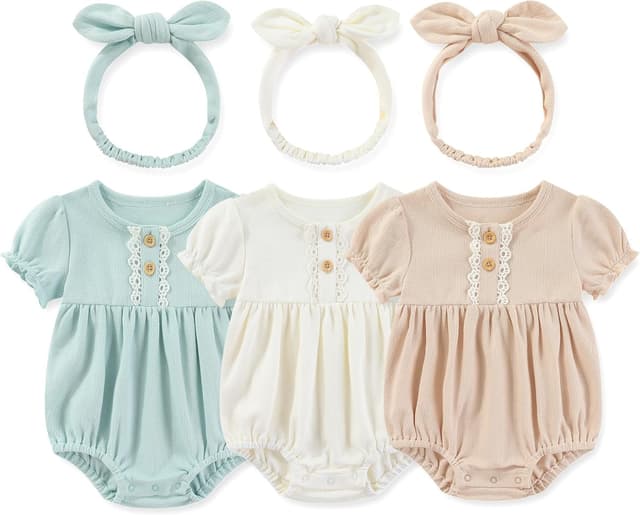 Thumbnail 6 de MAMIMAKA 3-Pack Cotton Bubble Romper Short Sleeve Bodysuit Set for Newborn Baby Girls