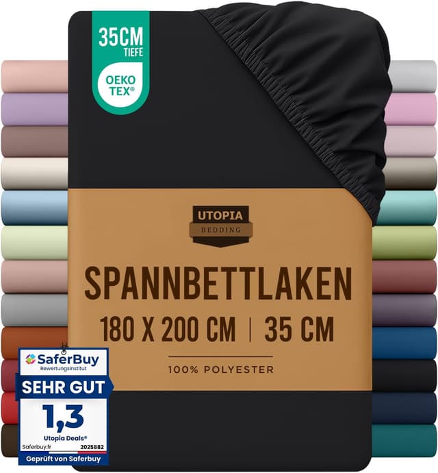Detalle de Utopia Bedding Spannbettlaken 180 x 200 cm (35 cm Taschen) – Schwarz, gebürstete Polyester-Mikrofaser