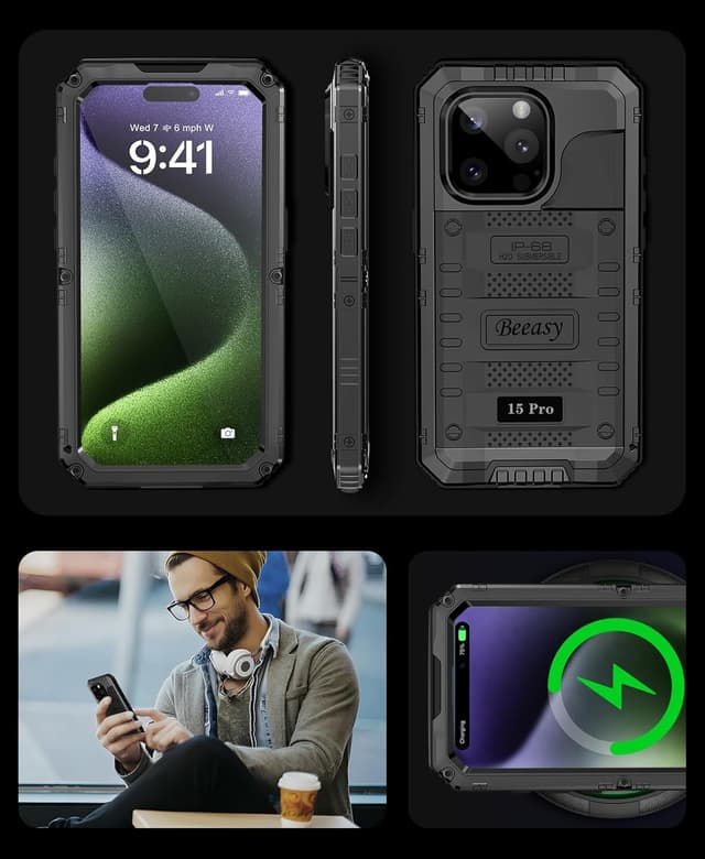 Detalle 2 de Beeasy Robust Series Waterproof Case for iPhone 15 Pro (6.1-inch) with Built-in Screen Protector