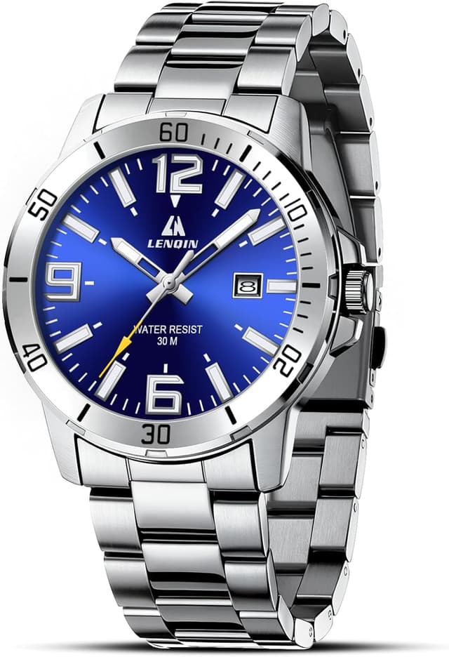 Detalle de LN LENQIN Herrenarmbanduhr aus Edelstahl mit Quarzwerk, analogem Zifferblatt und Datumsanzeige (3 ATM)