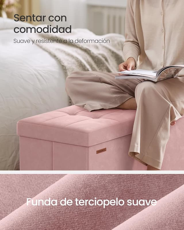 Detalle 2 de SONGMICS Puff Almacenaje 112 L terciopelo rosa