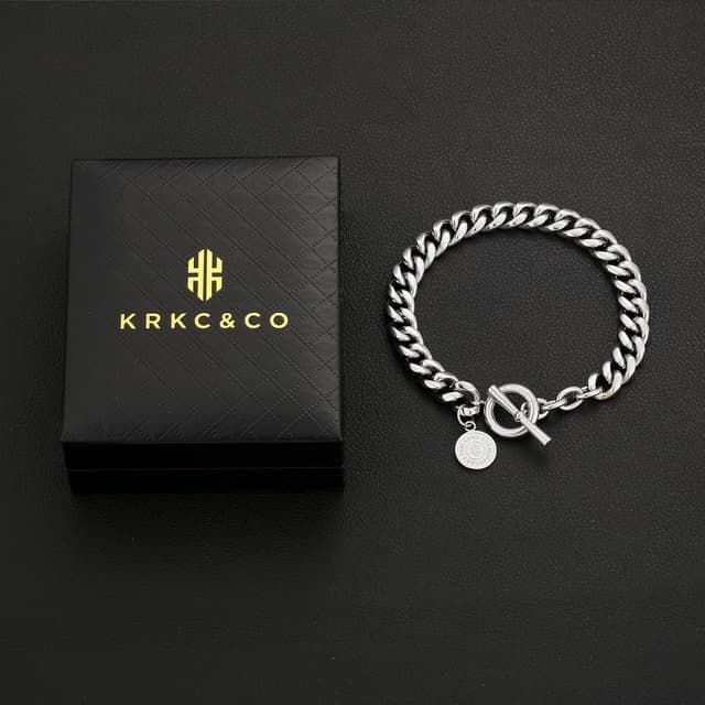 Detalle de KRKC&CO Herren Panzerkette Armband mit T-Stab Verschluss (8 mm) – 14K Gold/Weißgold beschichtet, Edelstahl