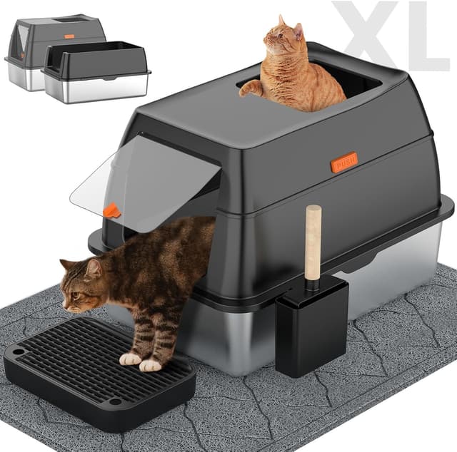 Detalle de Stainless Steel Litter Box with Lid — Extra-Large Enclosed Metal Cat Litter Box (Front Entry / Top Exit) with Scoop & Litter Mat