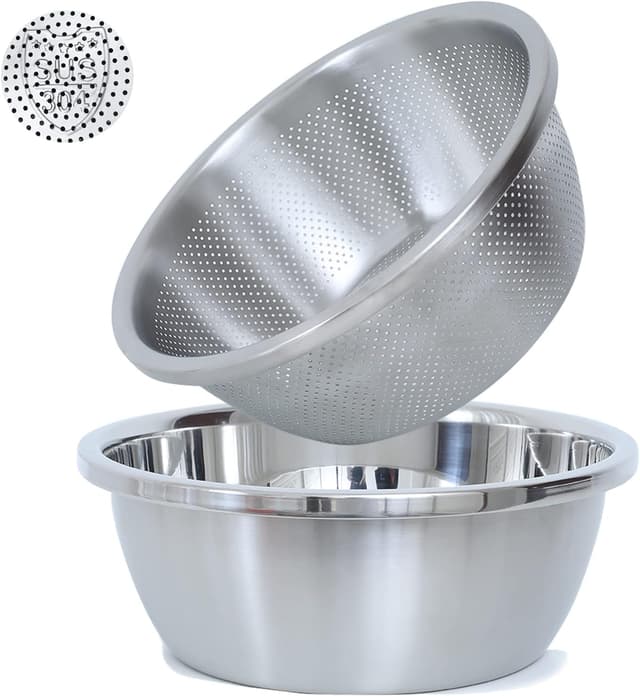 Detalle de 304 Stainless Steel Microporous Colander (5QT) with Mixing Bowl for Draining Pasta, Rice & More (2-Piece)