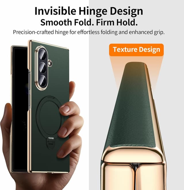 Detalle de YOOVEI Magnetic Leather Case for Samsung Galaxy Z Fold 7 with Hinge Protection, Kickstand & Screen Protector (Green)