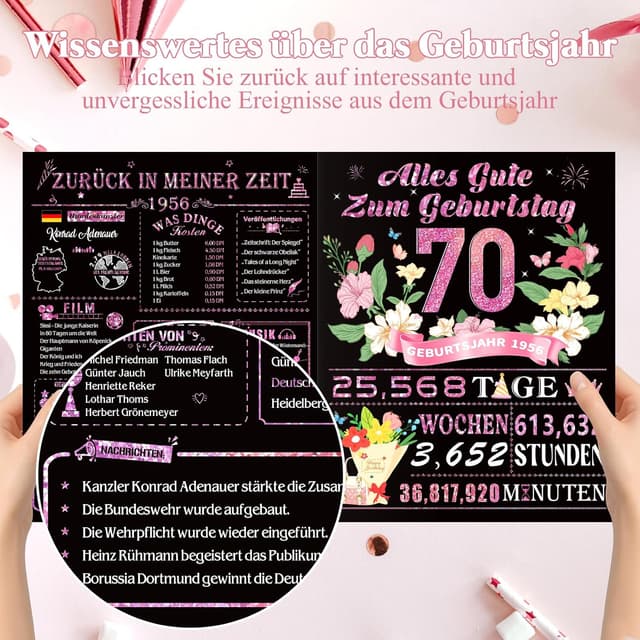 Detalle de 70. Geburtstag Geschenkset für Frauen: Vintage 1956 Canvas-Tasche, Kosmetiktasche & Isolierbecher-Set