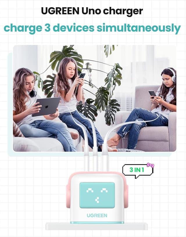 Detalle de UGREEN Uno Charger 65W USB-C GaN Nexode 3-Port (Blue) — 65W fast charger with charge-status display