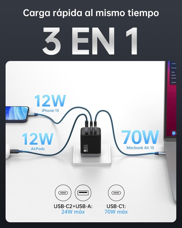 Thumbnail 1 de NOVOO Cargador USB C 100 W, GaN III 3 Puertos