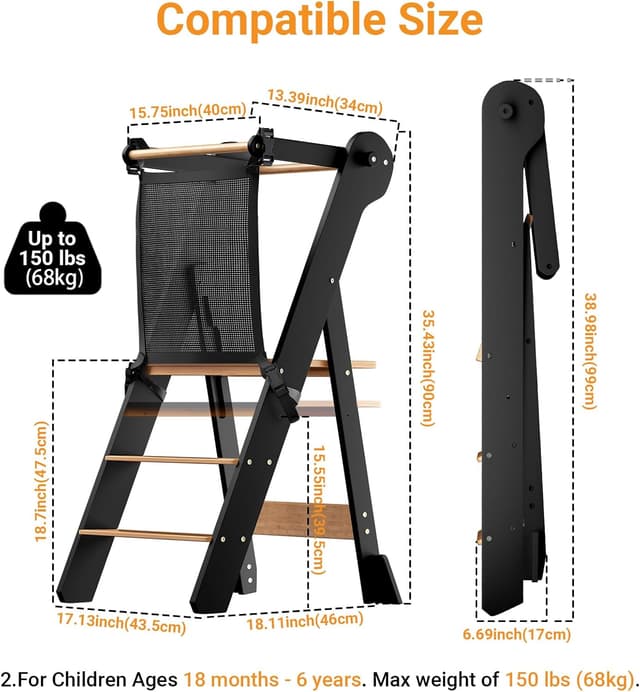 Thumbnail 6 de COSYLAND Foldable Toddler Standing Tower with Adjustable Height and Safety Net, Ages 18 Months–6 Years