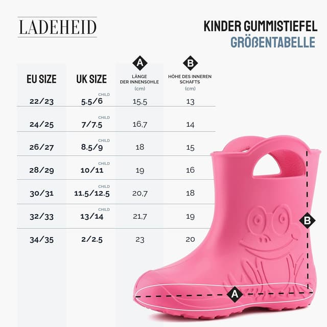 Detalle 2 de Ladeheid EVA Kinder-Gummistiefel LA-CA-01 – federleichte, wasserdichte Regenstiefel für Jungen & Mädchen