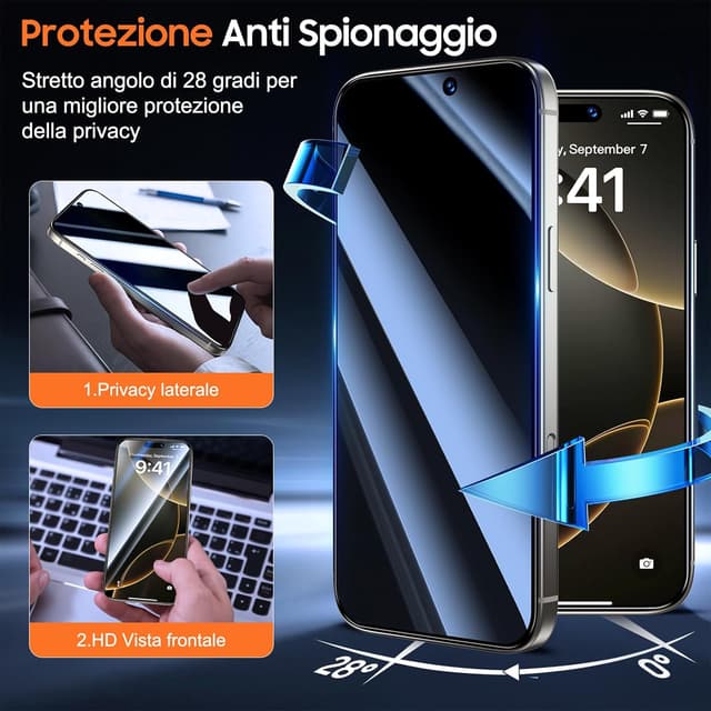 Detalle de UniqueMe per iPhone 17 Pro: pellicola privacy in vetro temperato 3D, 2 pezzi (anti-spia, anti-impronte)