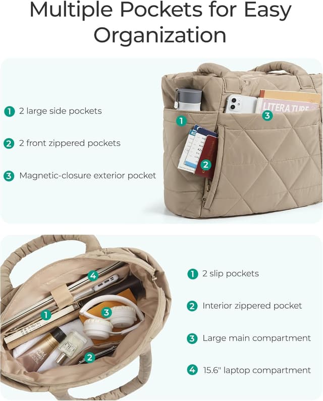 Detalle de BAGSMART Puffer Tote Bag for Women with Zipper, Quilted Shoulder Bag for Travel, Work, Gym