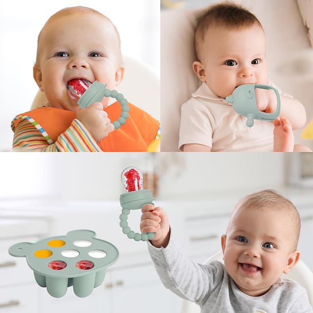 Detalle de Gedebey 6-in-1 Baby Fruit Feeder Pacifier & Baby Food Feeder Set (Silicone Popsicle Mold + Teether, 3 Sizes)