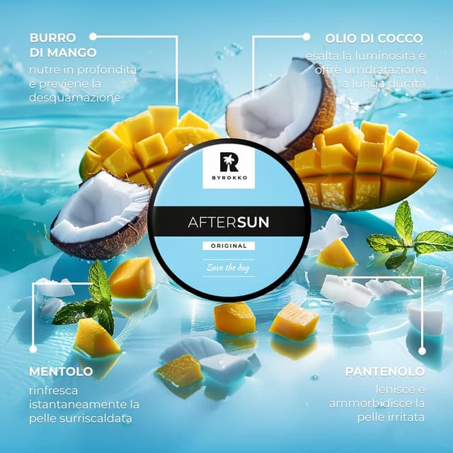 Detalle de BYROKKO Crema doposole con mentolo, burro di mango e vitamina E (vegana)