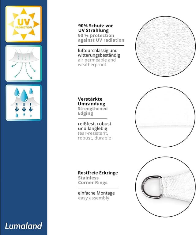 Detalle de Lumaland voile d’ombrage rectangulaire 2 x 3 m ivoire en HDPE avec drisses de fixation