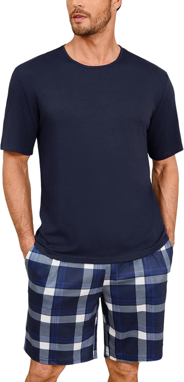 Detalle 2 de Uniexcosm Herren-Schlafanzug aus Baumwolle (kurzes Zweiteiler-Set) mit karierten Shorts