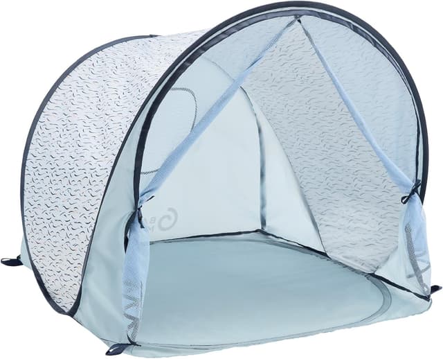 Detalle de Babymoov Tente Anti-UV Bébé Haute Protection FPS 50+ avec moustiquaire intégrée (pop-up) – Grande tente de plage Blue Waves