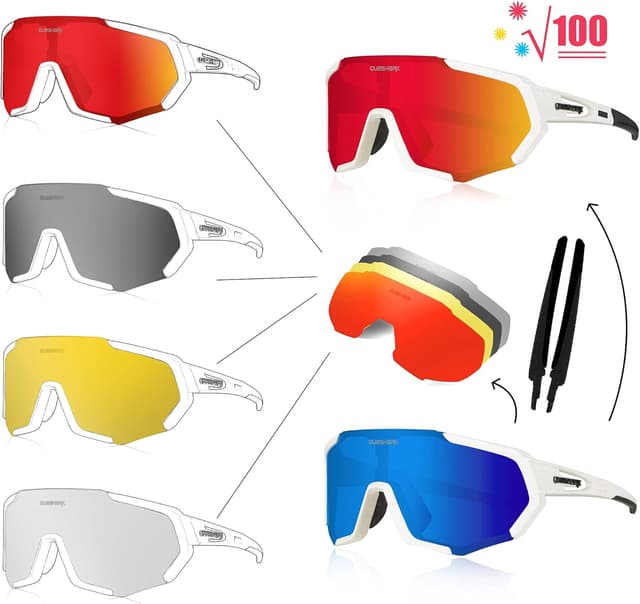 Detalle de Queshark Occhiali Ciclismo Polarizzati con 5 Lenti Intercambiabili (TR90) per corsa, MTB e running
