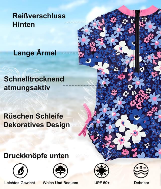 Detalle de BesserBay Baby Mädchen Rash Guard Einteiler mit UPF 50+ (Langarm, 0–36 Monate)