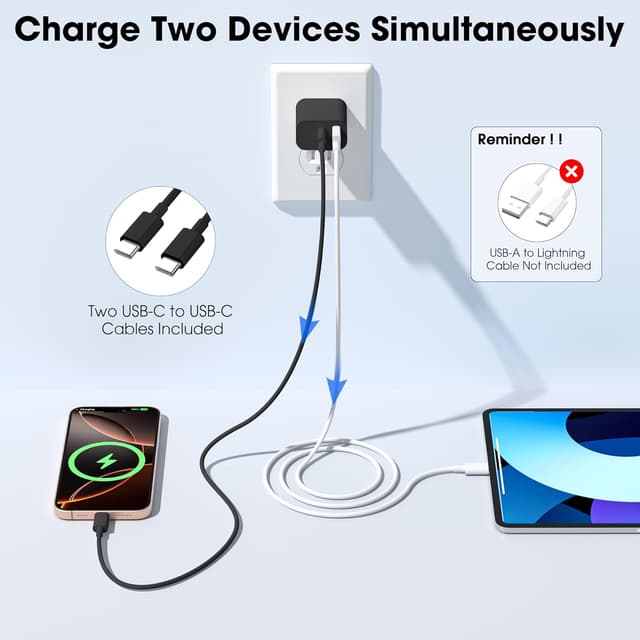 Detalle 2 de 20W USB-C iPhone Wall Charger (Dual-Port) with 6ft Type-C to Type-C Cable