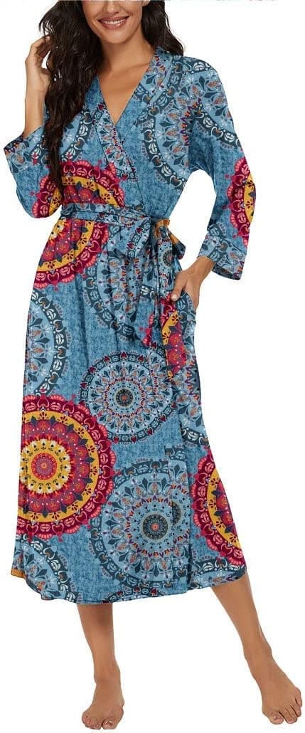 Detalle de PrinStory Damen-Bademantel mit 3/4-Ärmeln, V-Ausschnitt & Kimono-Schnitt (leichter Morgenmantel)