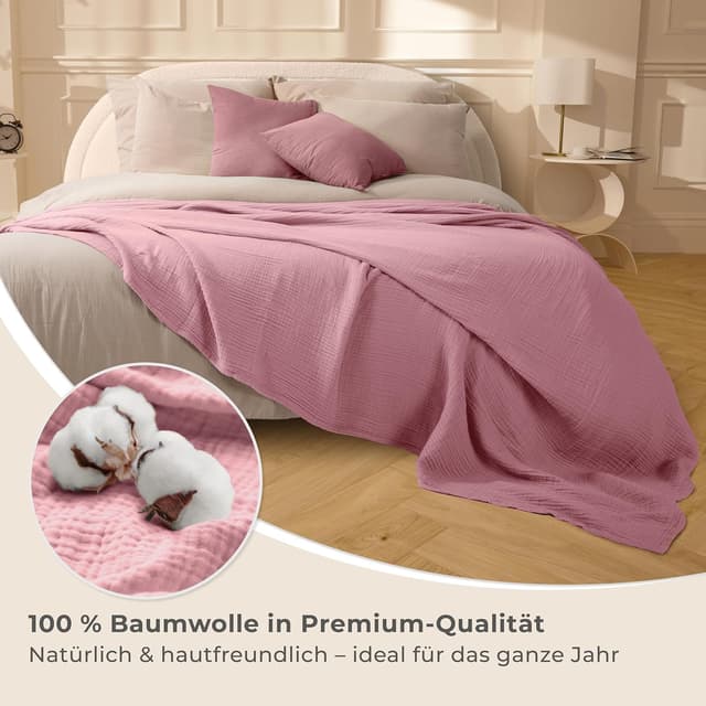 Detalle de LAYNENBURG Premium Musselin Tagesdecke 150x200 cm (100% Baumwolle) – extraweiche Sommerdecke in Altrosa