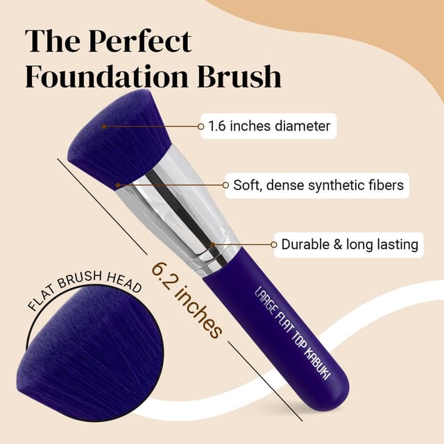 Detalle de Keshima Large Flat Top Kabuki Foundation Brush (Neon Purple) — 1.6" Synthetic Bristles for Liquid, Cream, and Powder