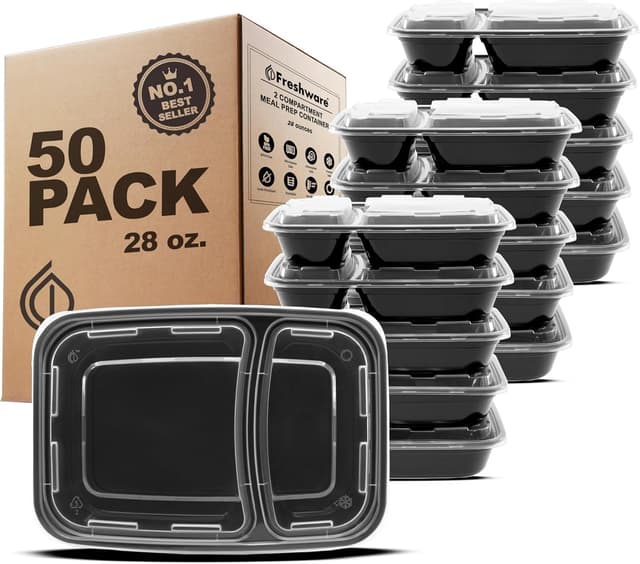 Detalle de Freshware Meal Prep Containers (50 Count) 2-Compartment BPA-Free Bento Boxes, 28 oz, Stackable Lids