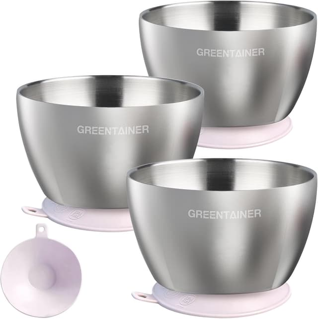 Detalle de Greentainer 304 Stainless Steel Baby Bowl Set (Pink) – Double-wall insulated toddler bowls with removable silicone suction base