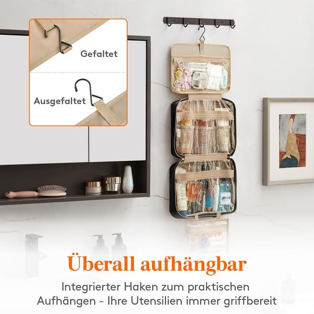 Detalle 2 de Lifewit Reise-Kulturbeutel Damen (groß) mit Haken – transparente Schminktasche Schwarz