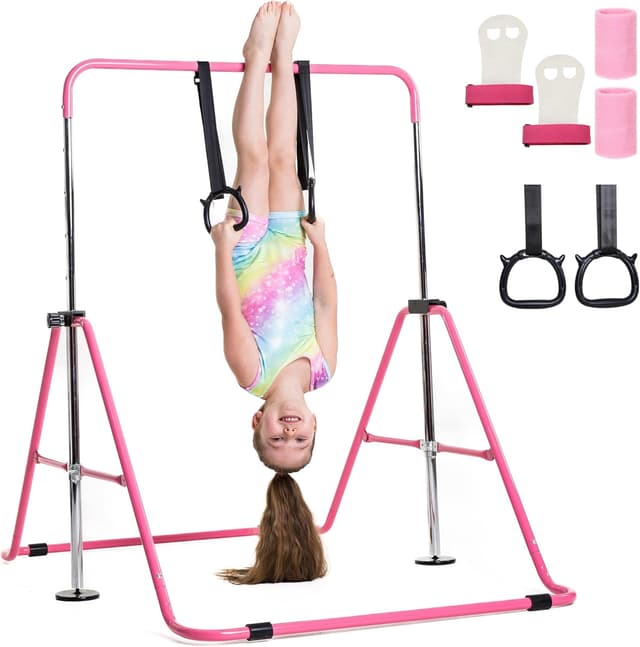 Detalle de TINY TUMBLERS Gymnastics Bar with Rings & Hand Grips for Kids (Adjustable 90–150 cm)
