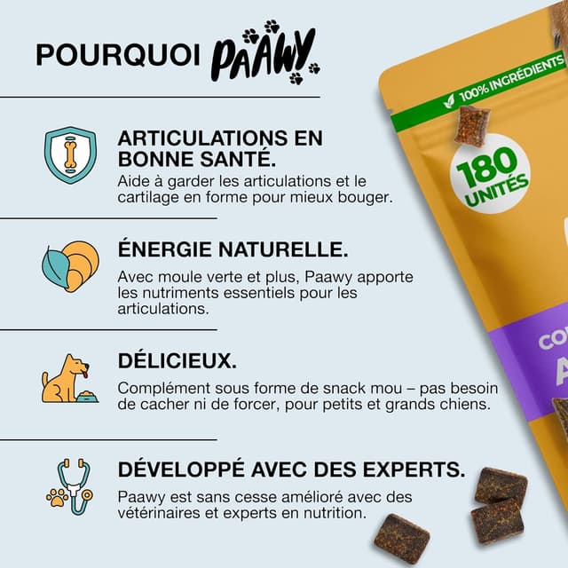 Detalle 2 de Paawy Articulation Chien – compléments articulations en snacks (180) pour mobilité et arthrose