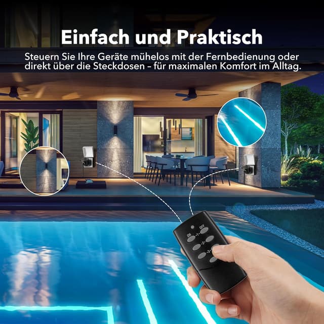 Detalle 1 de HBN Funksteckdosen-Set mit Fernbedienung für außen (IP44) – 2er Set, 3.680 W, schwarz