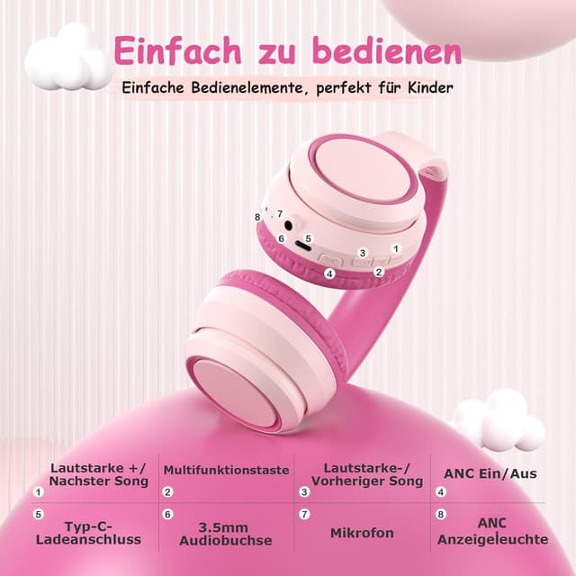 Detalle de TONOSHARK Bluetooth Kinderkopfhörer Over-Ear (Noise Cancelling), Rosa – kabellos mit Mikrofon & 60h Spielzeit inkl. Tragetasche