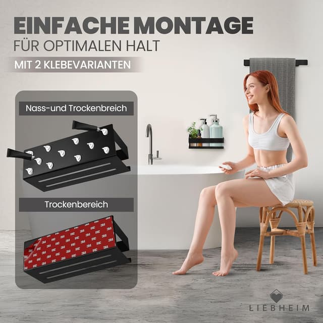 Detalle de LIEBHEIM Duschablage ohne Bohren – modernes Badregal für Dusche, Duschkorb-Organizer (schwarz)