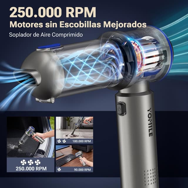 Detalle 2 de Yomile Aspirabriciole Senza Fili 4 in 1 AD10 (27000PA) per auto: aspirazione, soffiaggio e gonfiaggio
