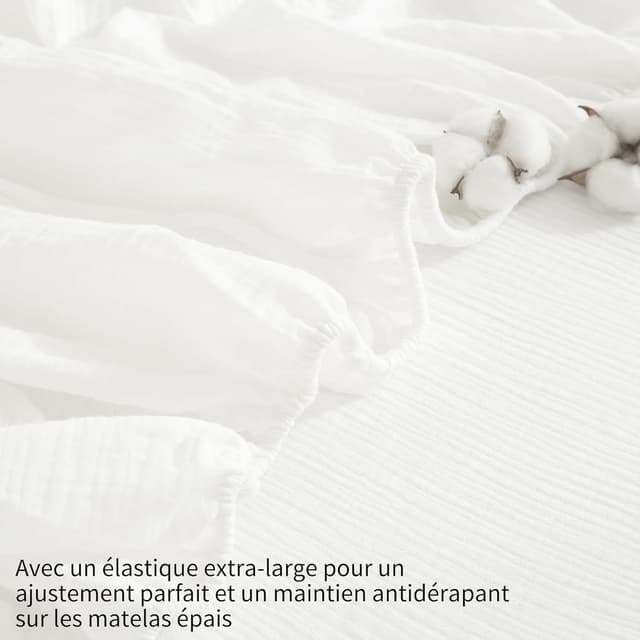 Detalle de YASMENG drap-housse 140x190 en gaze de coton blanc, bonnet 30 cm