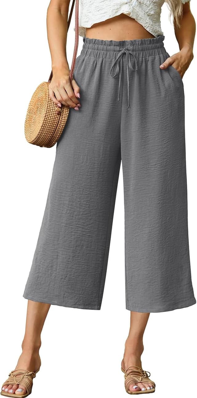 Detalle de FREEOAK Women’s High-Waisted Capri Pants with Wide-Leg Fit, Pockets & Adjustable Drawstring
